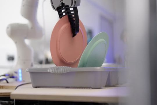 Das von Dyson zur Verfügung gestellte Bild zeigt eine Roboterhand, die einen Teller greift.