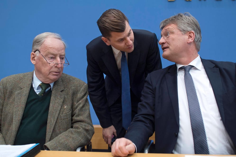 Christian Lüth (Mitte) 2018 zwischen den damaligen AfD-Vorsitzenden Alexander Gauland (l.) und Jörg Meuthen: Lüth wurde 2020 fristlos entlassen. Vorerst.