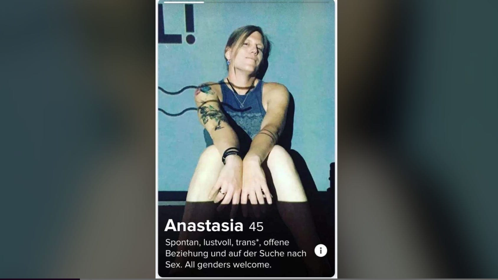 Stein des Anstoßes – das Datingprofil: "Spontan, lustvoll, trans*, offene Beziehung und auf der Suche nach Sex. All genders welcome."