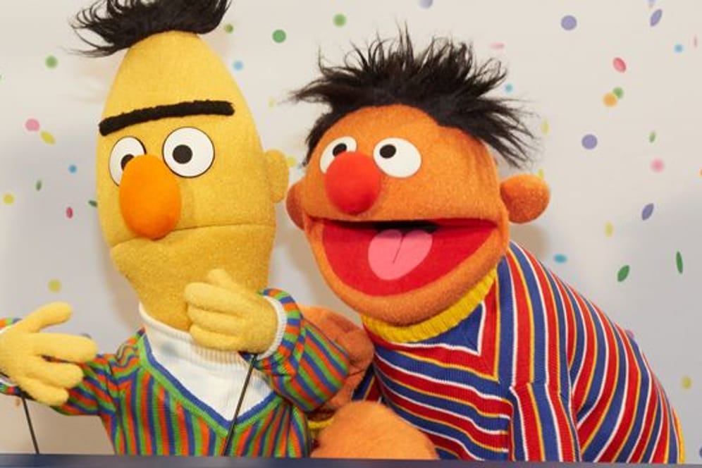 Die beiden Figuren Ernie (r) und Bert posieren bei einem NDR-Pressetermin zu "40 Jahre Sesamstraße".