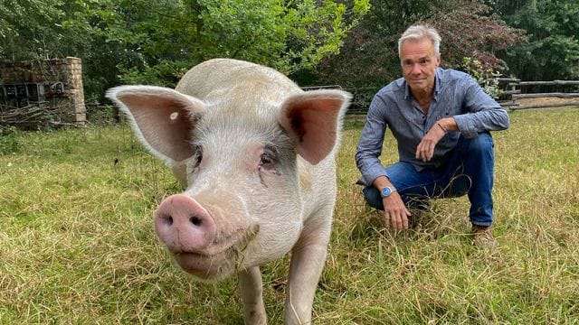 Schauspieler Hannes Jaenicke im "Land der Tiere", einem Gnadenhof speziell für Nutztiere in Mecklenburg-Vorpommern.