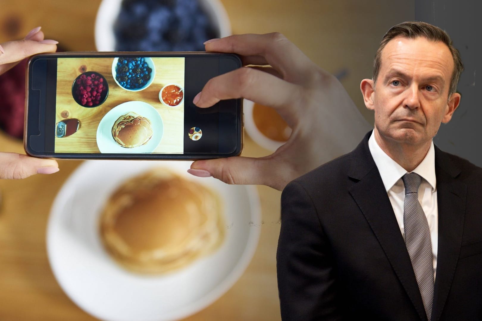 Jemand fotografiert seio Frühstück und Volker Wissing (Montage): Wissing hatte angeregt, aus Umweltschutzgründen, seine Speisen nicht auf Instagram zu posten.