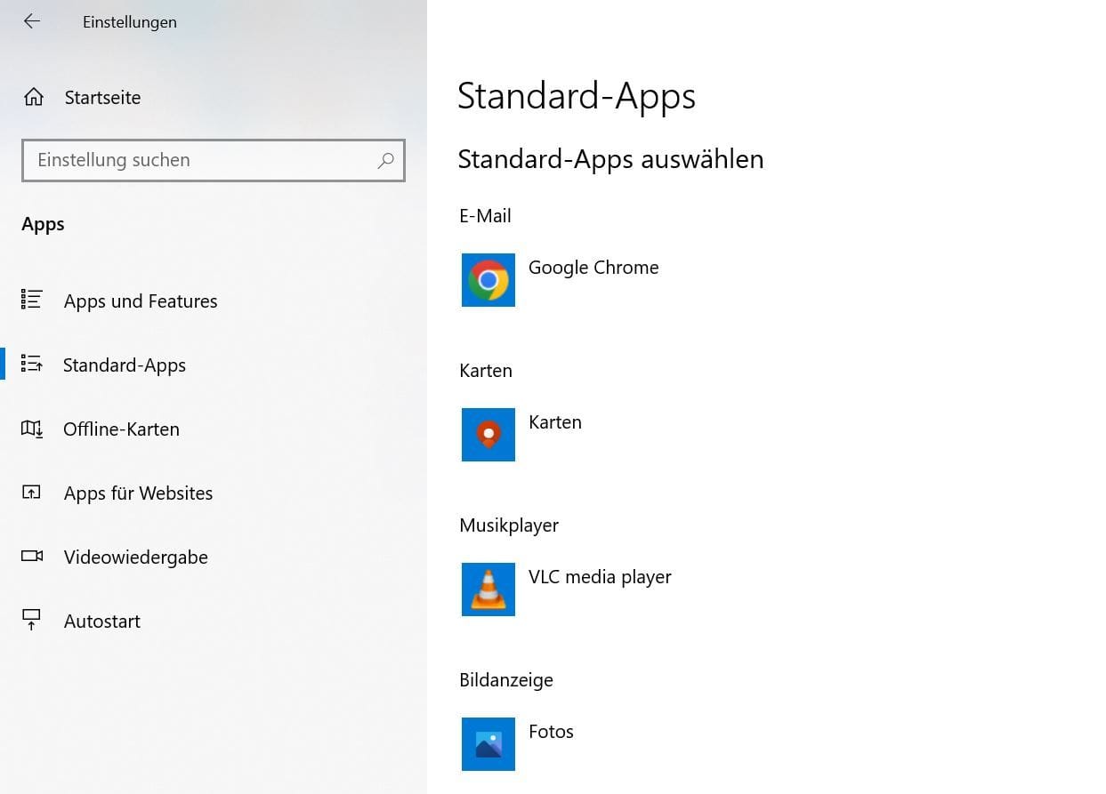 Windows-Einstellungen: Unter Standard-Apps lassen sich die Programme verändern.