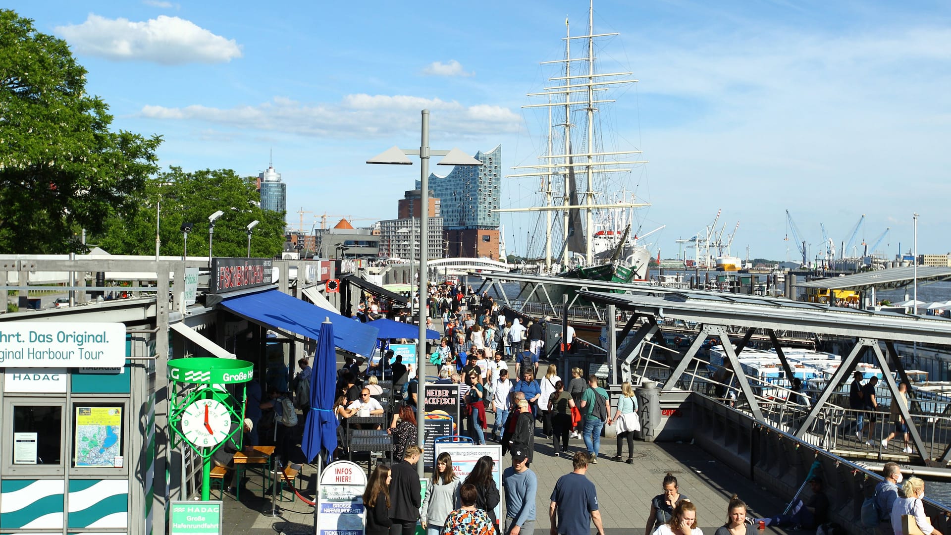 Passanten bei herrlichem Sonnenschein an den Landungsbrücken (Symbolbild): In Hamburg wird es zum Wochenende richtig warm. Passanten bei herrlichem Sonnenschein an den Landungsbrücken (Symbolbild): In Hamburg wird es zum Wochenende richtig warm.