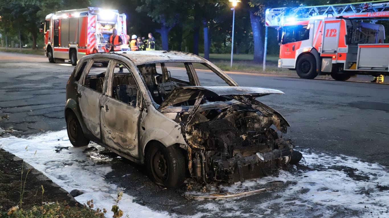 Völlig ausgebranntes Autowrack am Leipziger Völkerschlachtdenkmal: Die Feuerwehr rettete eine Person aus dem brennenden Wagen. News-ID 25282