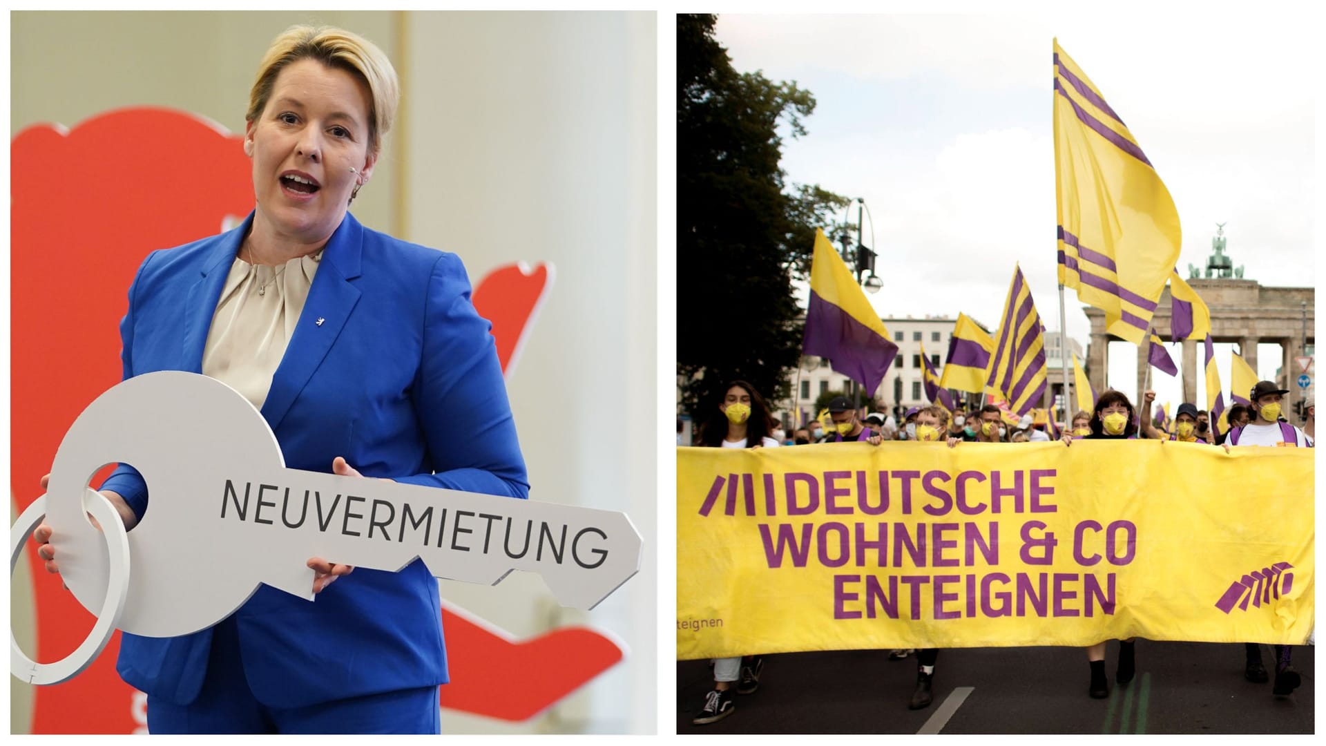 Berlins Regierende Bürgermeisterin, Franziska Giffey und Demonstrierende der Initiative "Deutsche Wohnen und Co. enteignen": Um das Berliner Wohnungsbündnis ist ein Streit entbrannt.