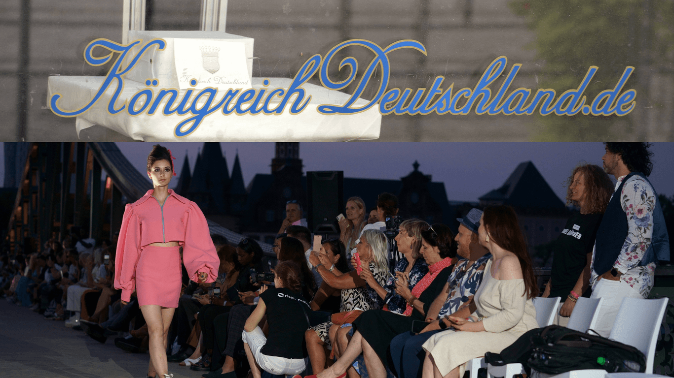 "Königreich Deutschland"-Schriftzug und ein Model bei einer Frankfurter Fashion-Week-Show (Collage): Bei der Modemesse "NeonytLab" soll es eigentlich um nachhaltige Mode gehen.
