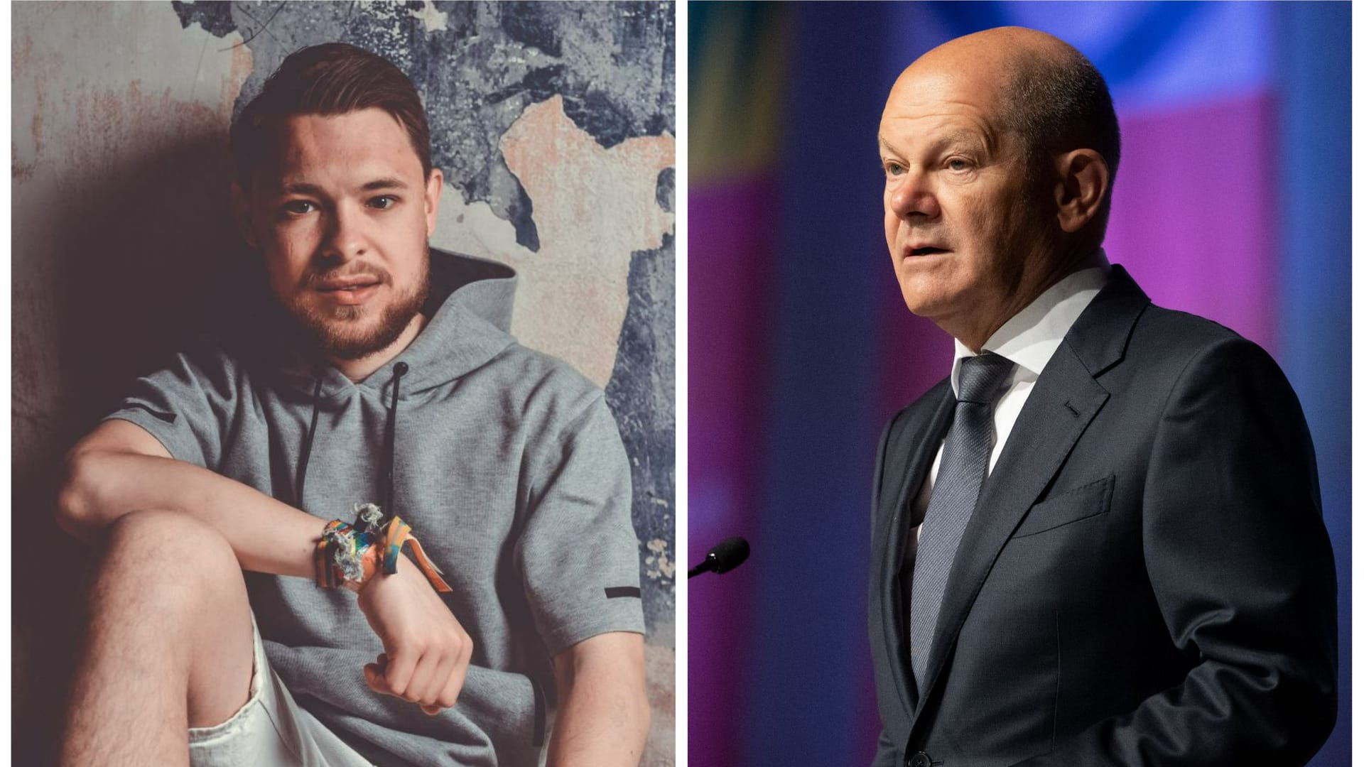 Moritz Riedacher vom "Aufstand der letzten Generation" (linkes Bild) kritisiert Bundeskanzler Olaf Scholz und die Bundesregierung scharf. Im Bild ist Scholz zu sehen beim Katholikentag in Stuttgart.