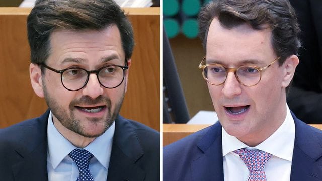 SPD-Spitzenkandidat Thomas Kutschaty (l) fordert Ministerpräsident Hendrik Wüst (CDU) heraus.