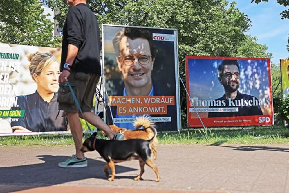 Wahlplakate von Grünen, CDU, SPD und FDP (l-r) stehen auf einer Wiese in Düsseldorf.