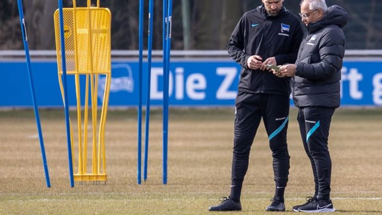 Trainer Felix Magath (r) sieht Hertha in der Relegation in der Favoritenrolle.