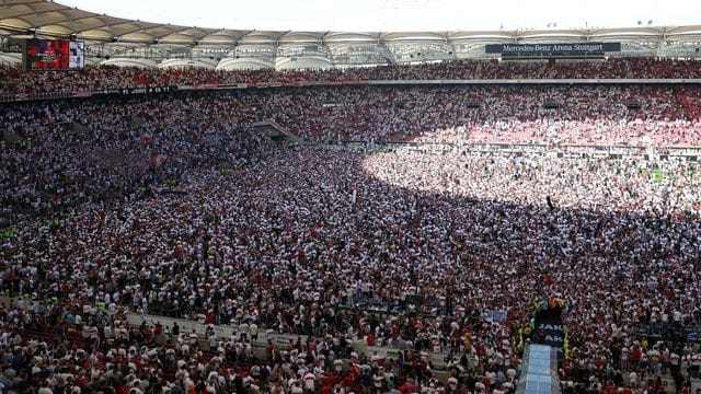 Stuttgarter Fans auf dem Rasen der Mercedes-Benz-Arena.