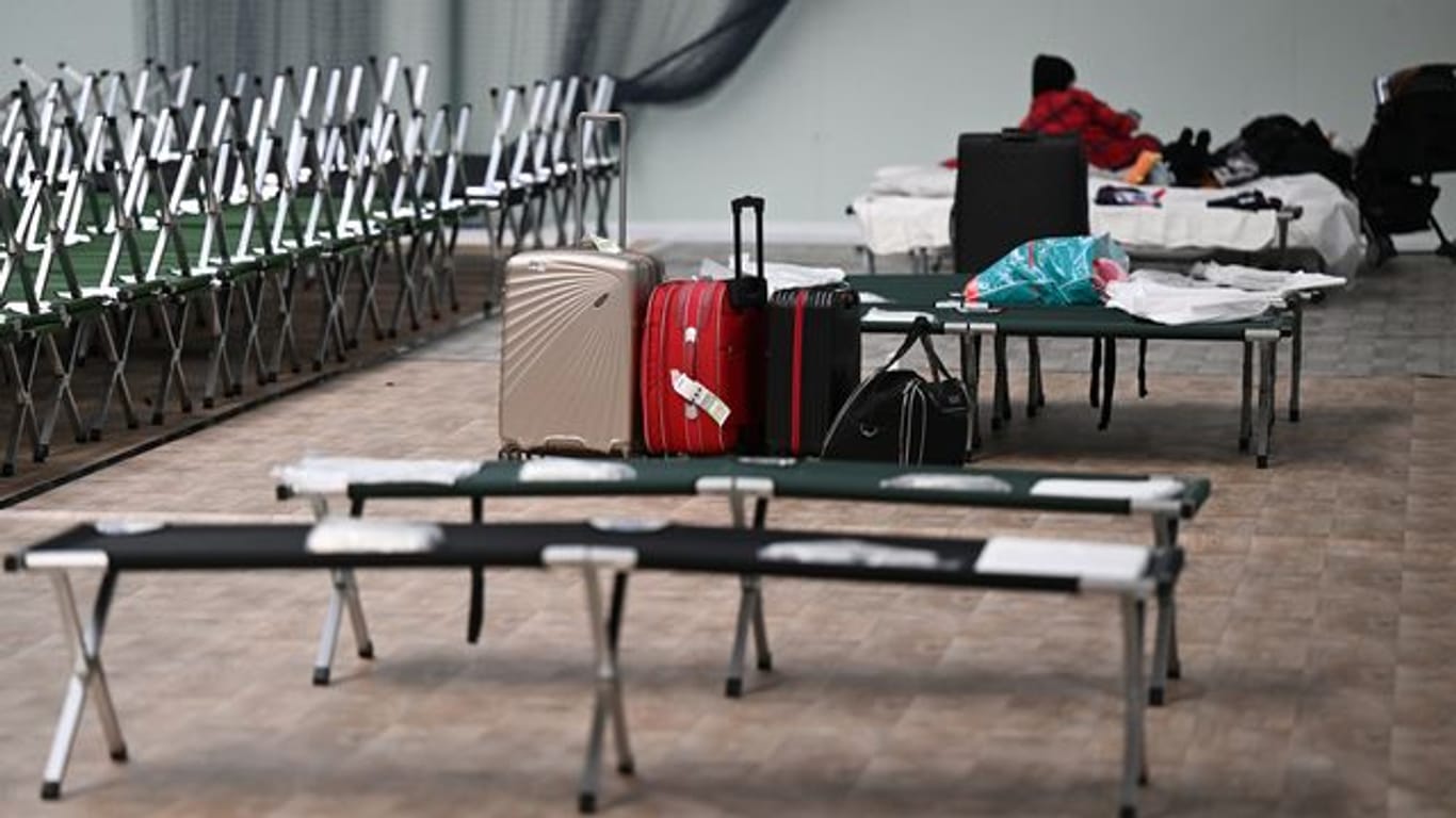 Notbetten stehen in einer Frankfurter Sporthalle für ukrainische Kriegsflüchtlinge bereit.