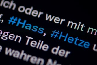 Hass im Internet (Symbolbild): Die Hashtags "Hass" und "Hetze" zu sehen in einem Twitter-Beitrag. Im Internet nimmt das Problem weiter zu.