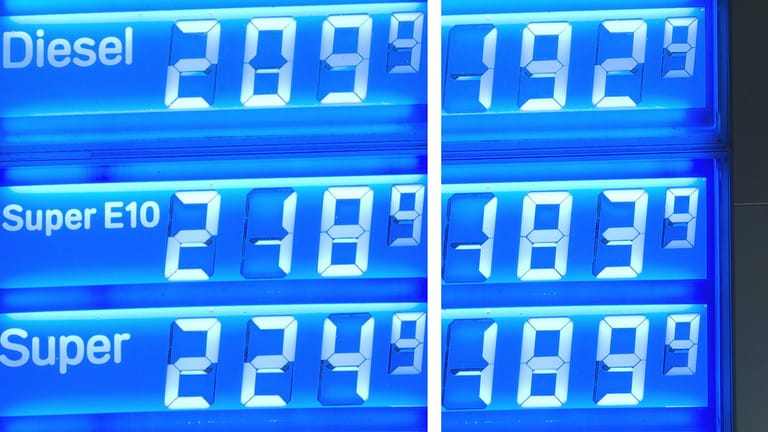 Die Preise einer Tankstelle in Berlin vor und nach Mitternacht: Um 35 Cent sank der Preis für den Liter Super.