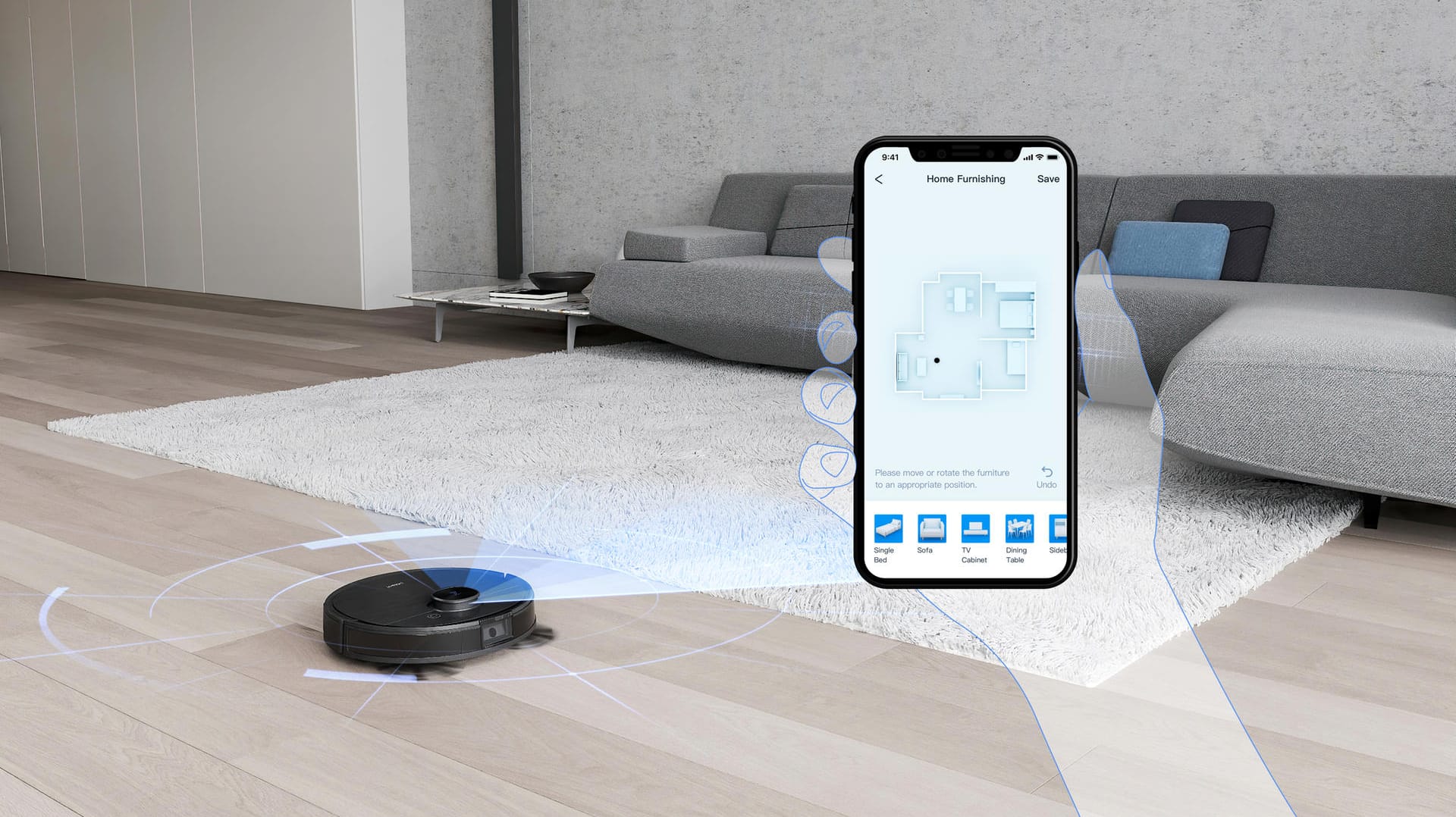 Es wird ein 3D-Grundriss der Wohnung oder des Hauses erstellt, der danach in der App verfeinert werden kann.