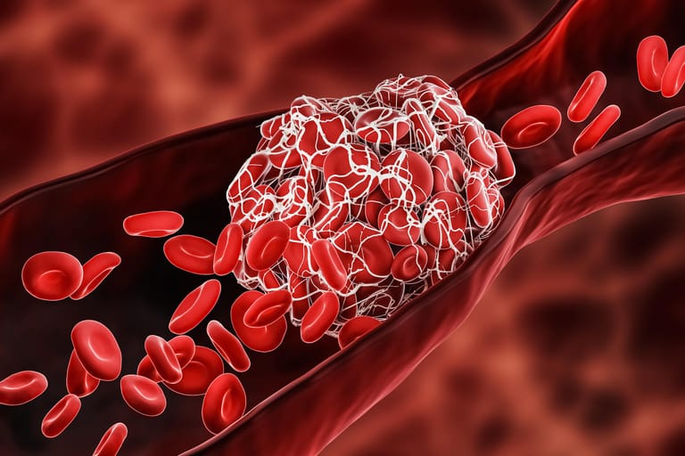 Abbildung eines Blutgefäßes mit Gerinnsel (Symbolbild): Zu dickes Blut enthält eine über das Normalmaß hinaus hohe Konzentration an roten Blutkörperchen.
