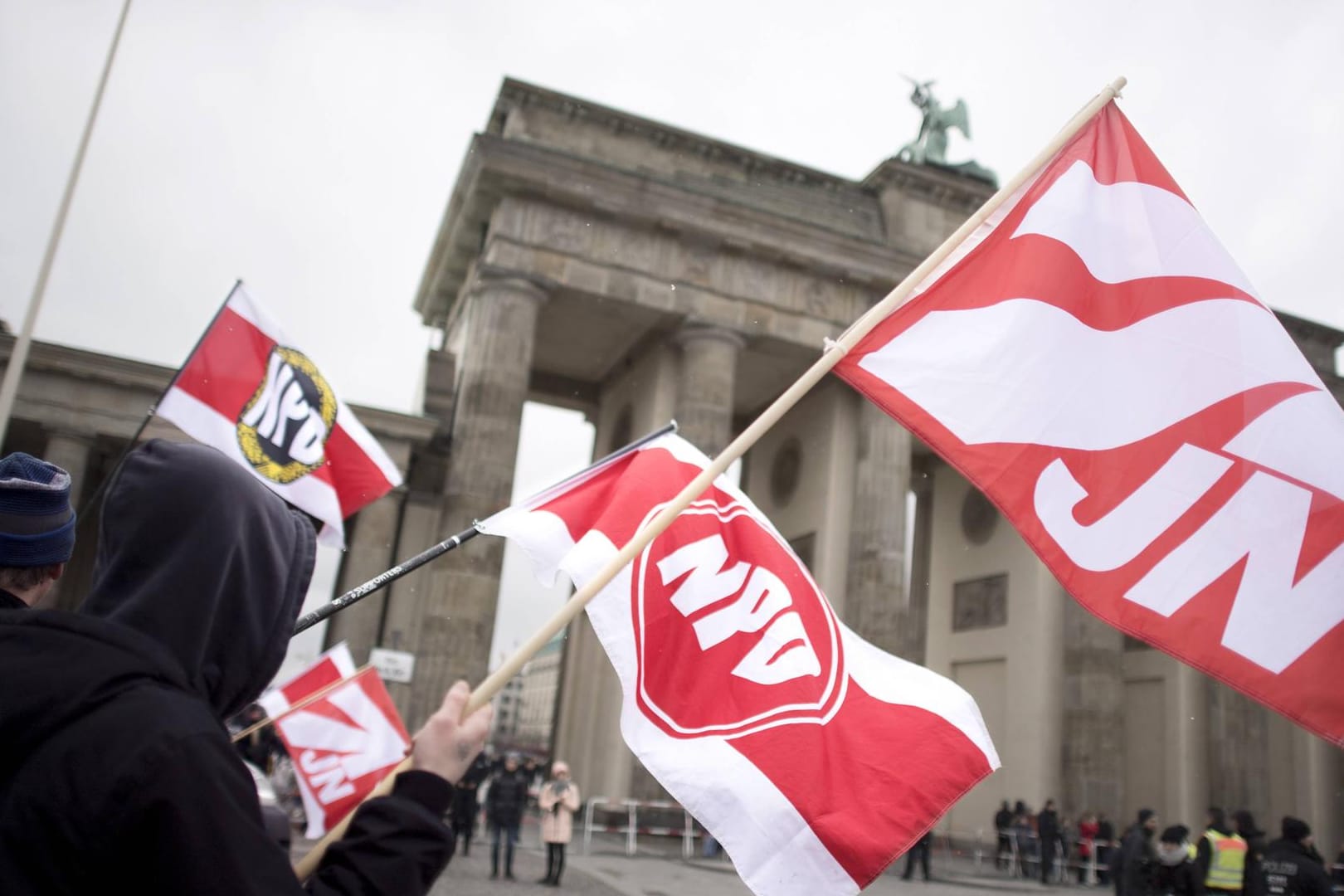 Flaggen der NPD und NPD-Jugendorganisation Junge Nationalisten (Symbolbild): Deutsche Neonazis sollen an paramilitärischen Trainings in Russland teilgenommen haben.