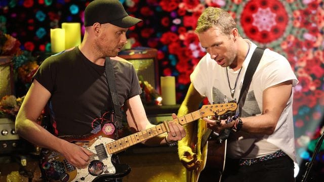 Sänger Chris Martin (r) und Leadgitarrist Jonny Buckland (l) von Coldplay.