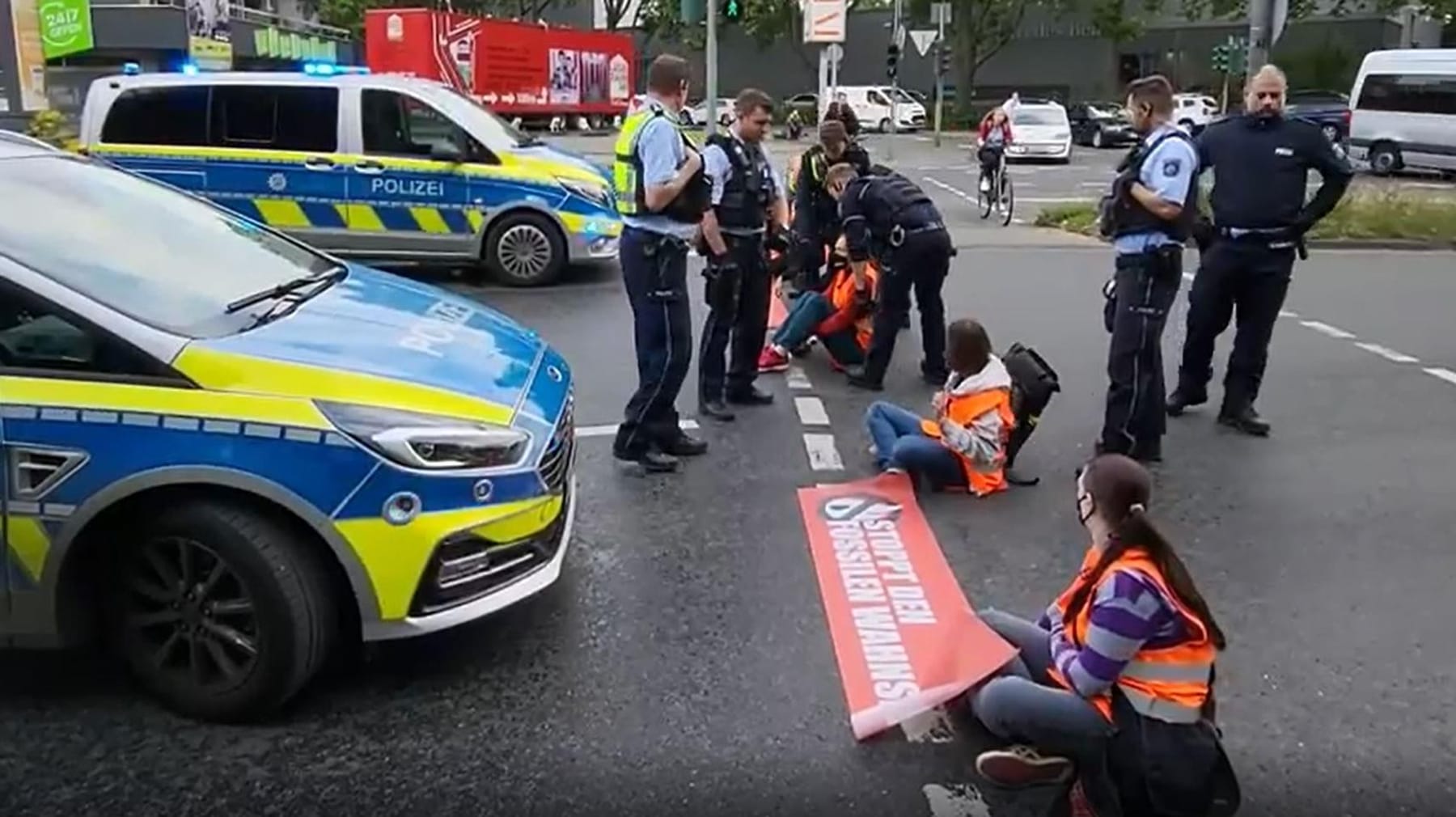 Activists block the street in Cologne-Ehrenfeld