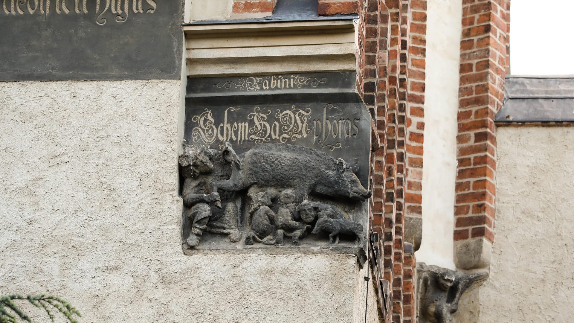 Blick auf die sogenannte "Judensau" an der Stadtkirche in der Lutherstadt Wittenberg über der Südostecke der Chorfassade.