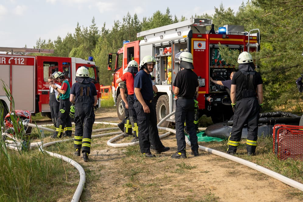 Einsatzkräfte der Feuerwehr in Hainburg: Eine Fläche von etwa 5.000 Quadratmetern stand am Sonntagnachmittag in Flammen.