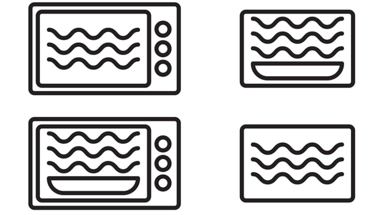 Symbole, die die Eignung von Produkten für die Mikrowelle darstellen.