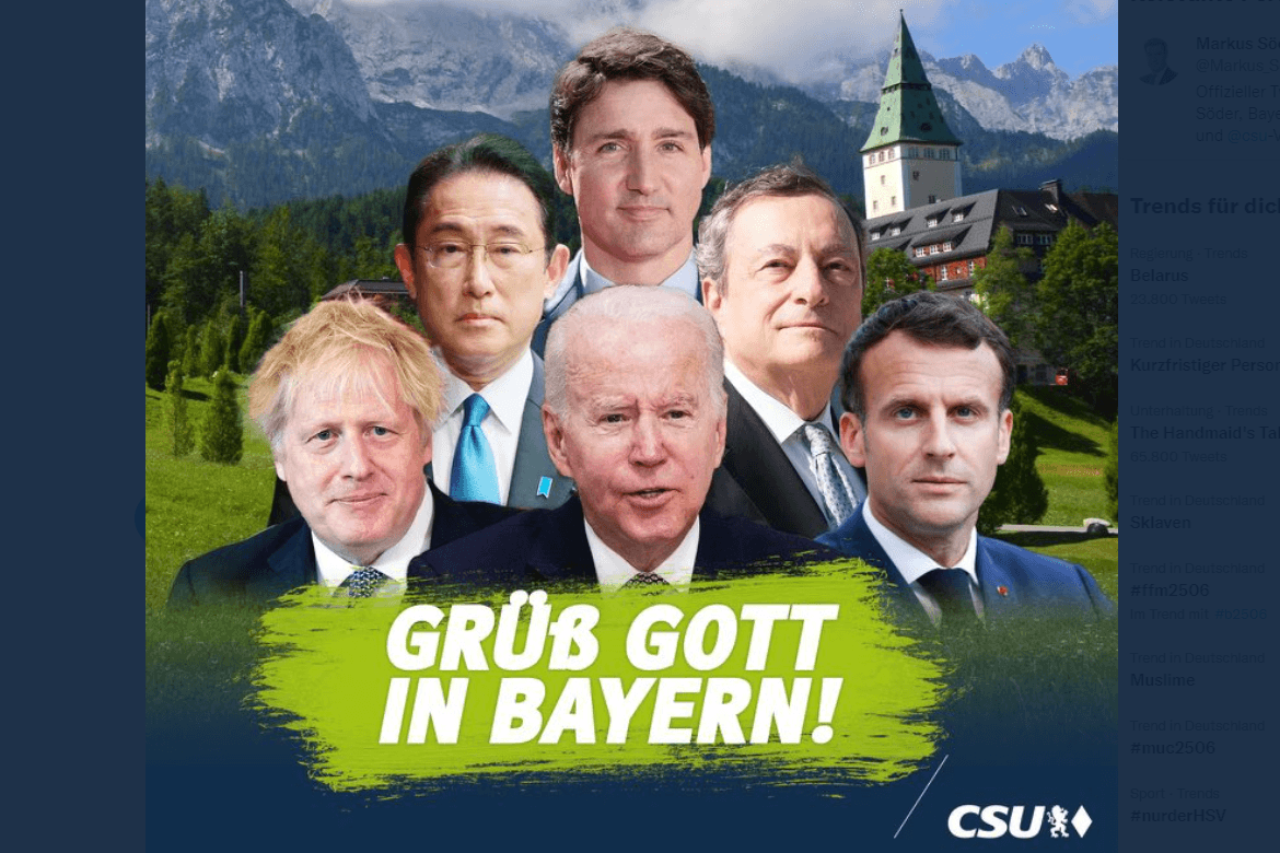 Die Fotomontage, die Söder twitterte: Von rechts nach links sind Johnson, Kishida, Trudeau, Biden, Draghi und Macron abgebildet – Scholz fehlt.