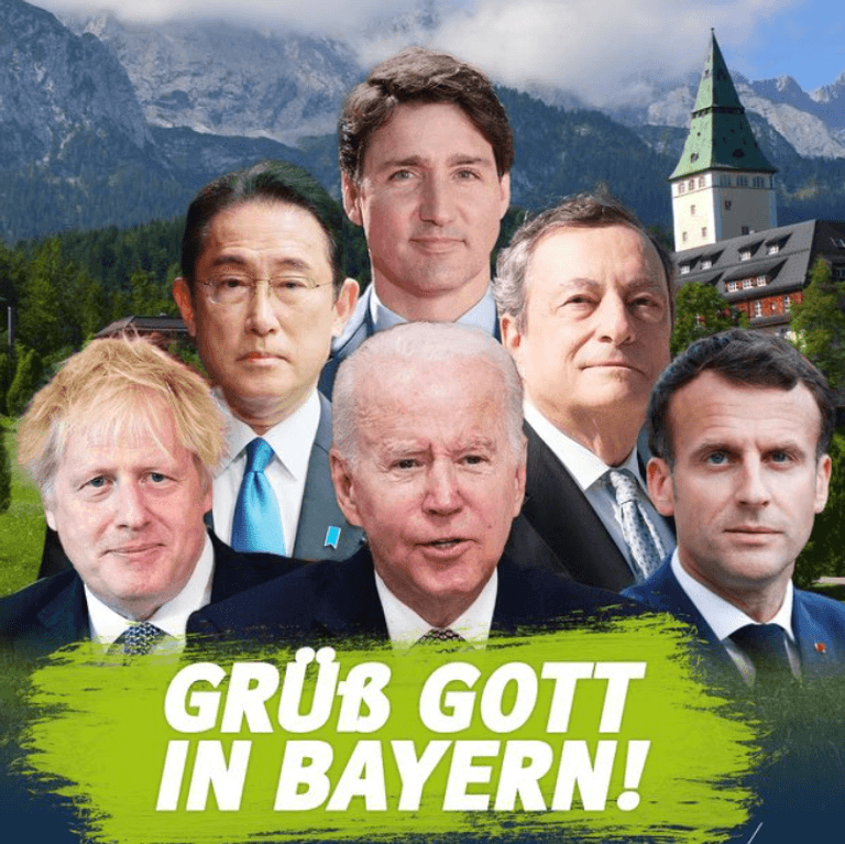 Die Fotomontage, die Söder twitterte: Von rechts nach links sind Johnson, Kishida, Trudeau, Biden, Draghi und Macron abgebildet – Scholz fehlt.