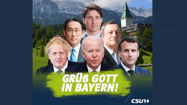 Die Fotomontage, die Söder twitterte: Von rechts nach links sind Johnson, Kishida, Trudeau, Biden, Draghi und Macron abgebildet – Scholz fehlt.