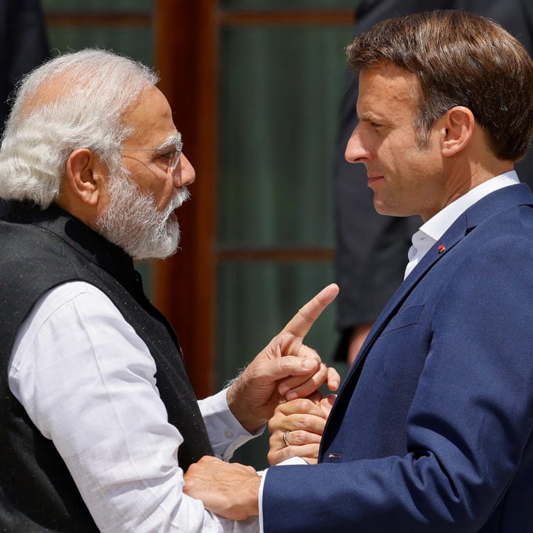 Indiens Premier Modi, Frankreichs Präsident Macron: Andere Sicht auf Russlands Krieg.