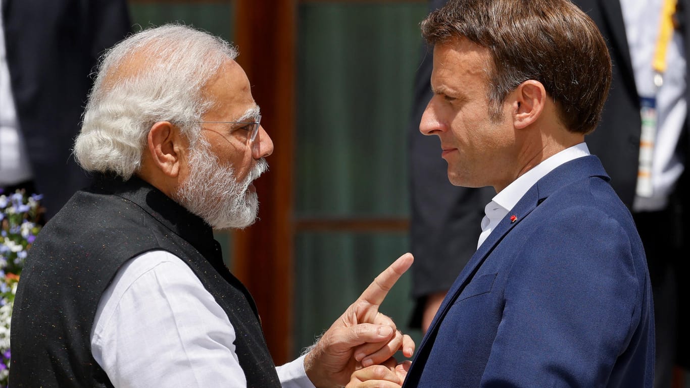 Indiens Premier Modi und Frankreichs Präsident Macron beim G7-Gipfel: Andere Sicht auf Russlands Krieg.