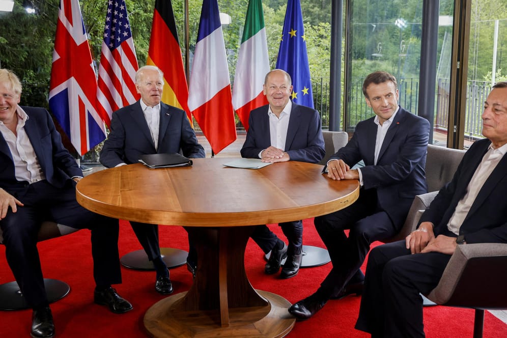Boris Johnson, Joe Biden, Olaf Scholz, Emmanuel Macron und Mario Draghi: Die G7 wollen gegen die Ernährungskrise vorgehen.