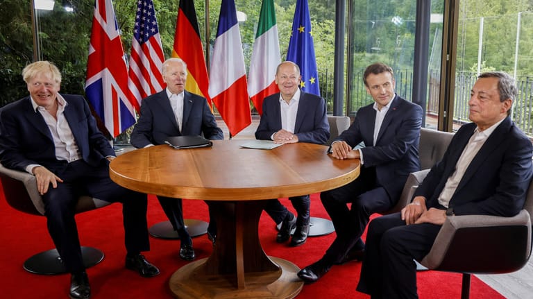 Boris Johnson, Joe Biden, Olaf Scholz, Emmanuel Macron und Mario Draghi: Die G7 wollen gegen die Ernährungskrise vorgehen.