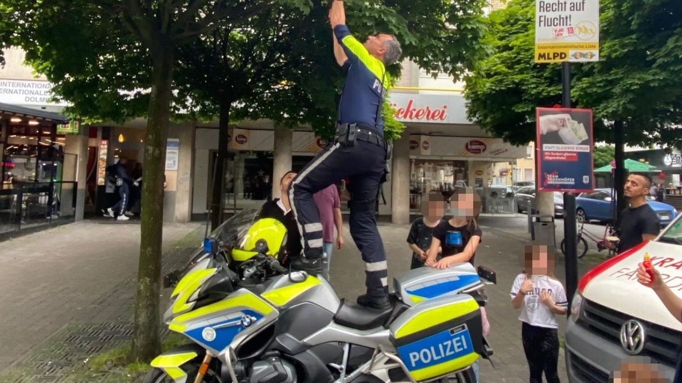 Zirkusreife Balance-Nummer: Polizist holt Ball vom Baum