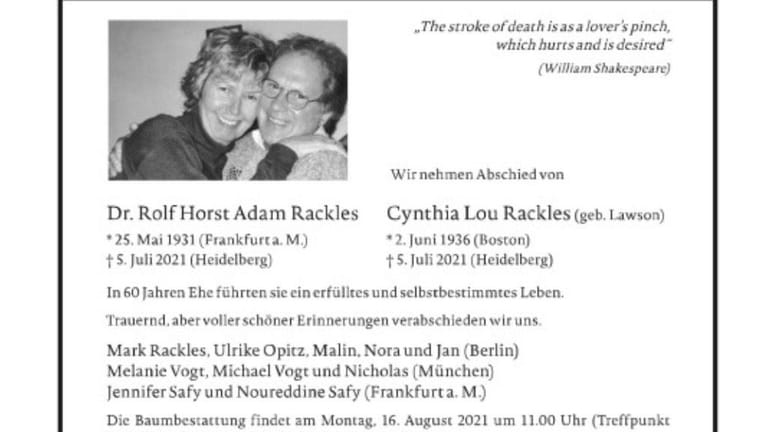 Die Todesanzeige als Vermächtnis: Rolf und Cynthia Rackles schieden gemeinsam aus dem Leben.