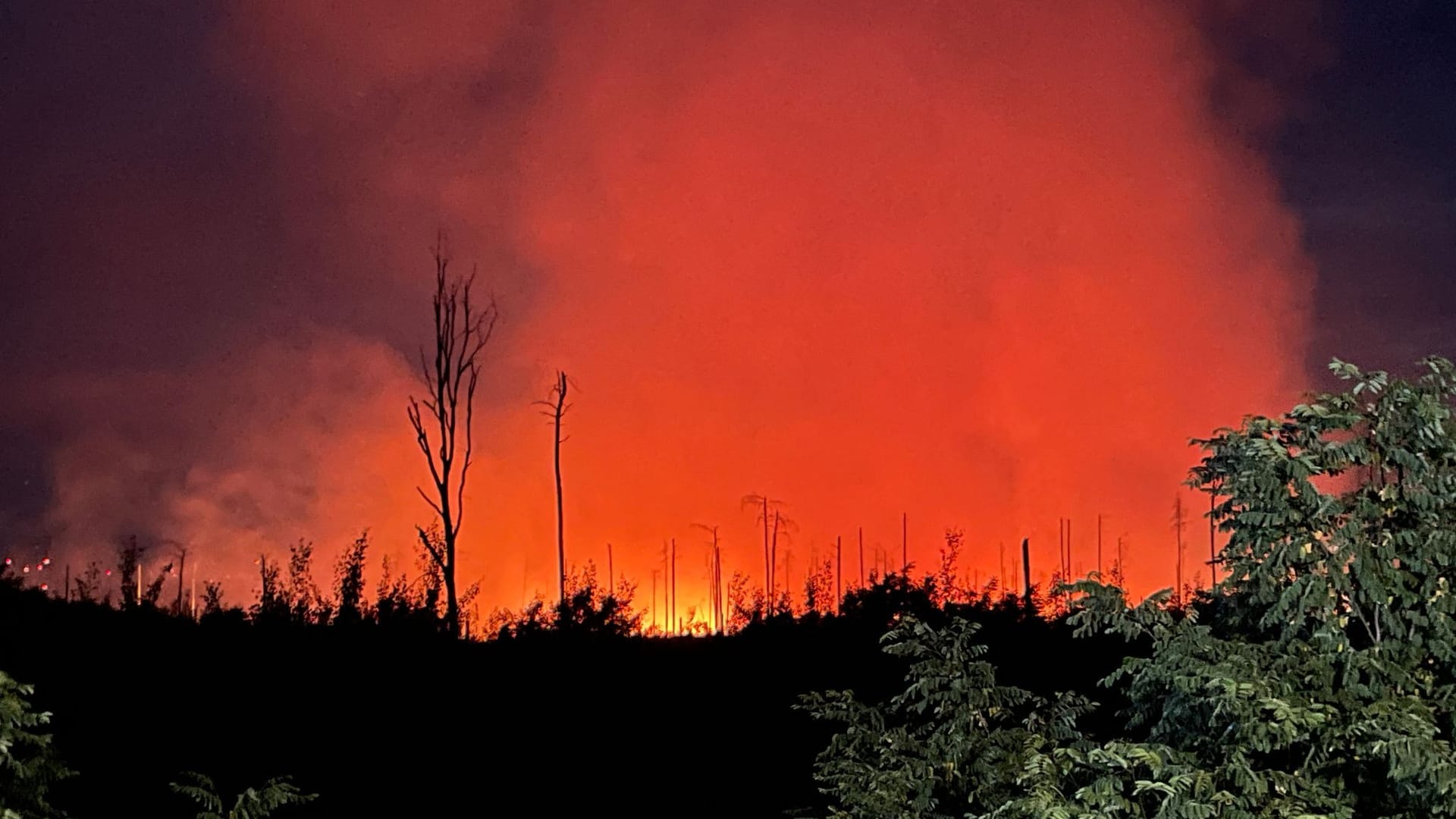 Rot erleuchtet ist der Nachthimmel durch das Feuer eines Waldbrands in der Nähe der brandenburgischen Kleinstadt Treuenbrietzen.