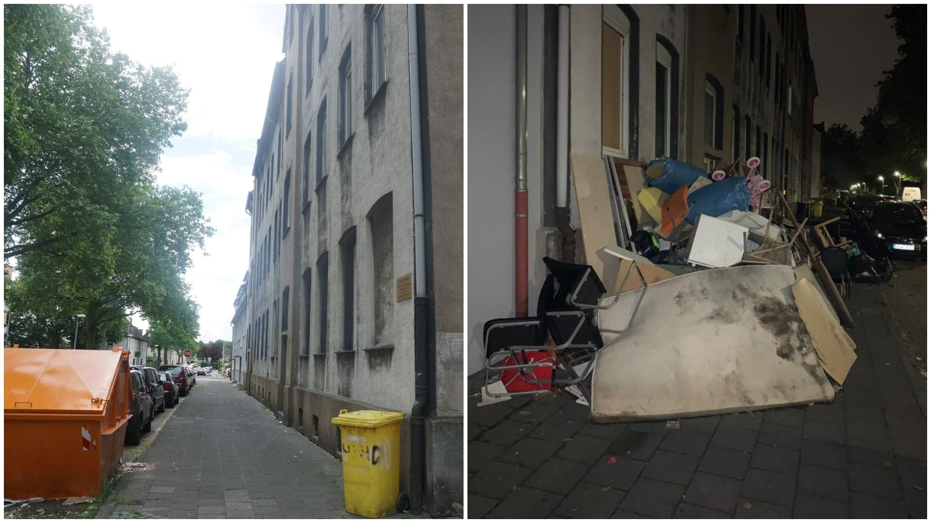 Links die Außenansicht des Hauses; rechts Müllberge, die sich davor stapeln (Montage): Bei der Stadt ist das Haus als Problem-Immobilie bekannt.