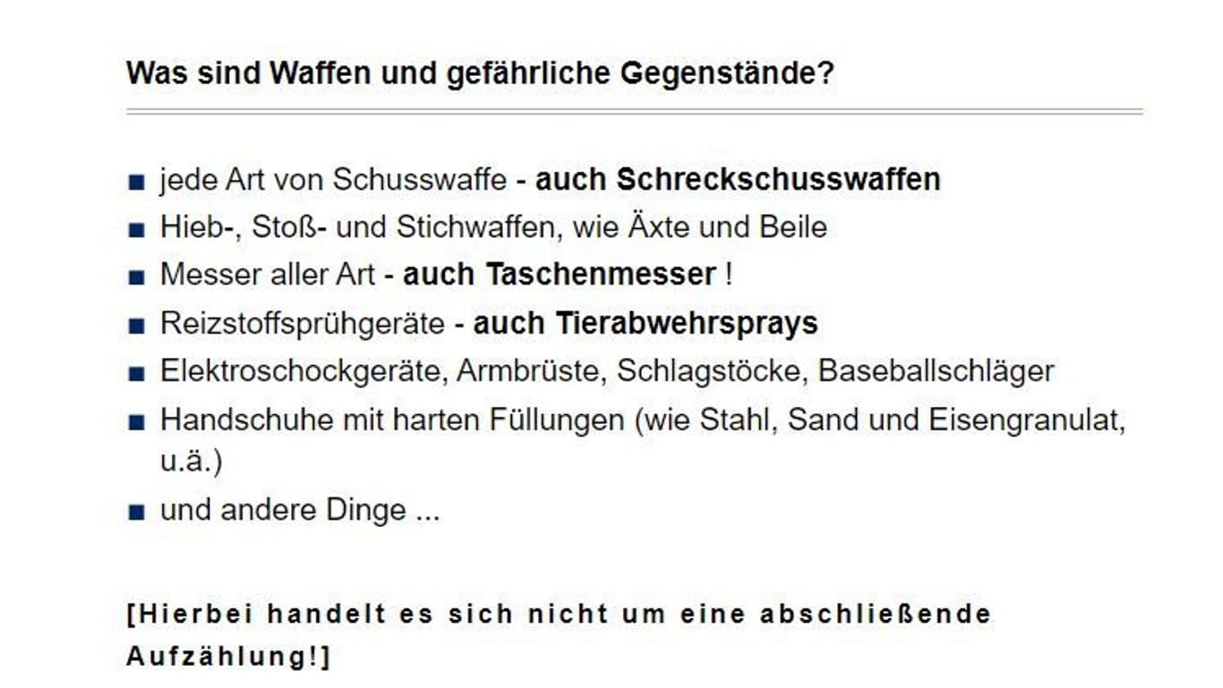 Auszug aus der Mitteilung der Polizei Leipzig zu verbotenen Gegenständen in der Waffenverbotszone: "und andere Dinge ..."