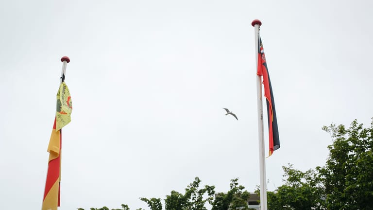Der rechten Landesflagge von Rheinland-Pfalz in Deutschland-Farben fehlt der gelbe Streifen: Punks haben ihn abgeschnitten und die Fahne wieder gehisst.