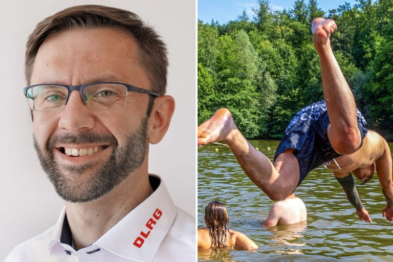 Martin Holzhause und ein Mann, der ins Wasser springt (Montage): Im Ruhrgebiet gibt es Gewässer, in denen das Schwimmen gefährlich ist.
