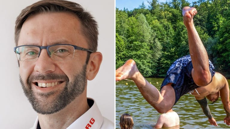 Martin Holzhause und ein Mann, der ins Wasser springt (Montage): Im Ruhrgebiet gibt es Gewässer, in denen das Schwimmen gefährlich ist.