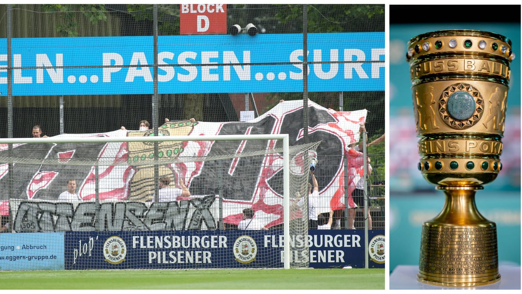 Fans von Teutonia Ottensen zeigen eine Choreografie (Fotomontage): Der Hamburger Regionalligist trifft im DFB-Pokal auf Titelverteidiger RB Leipzig.