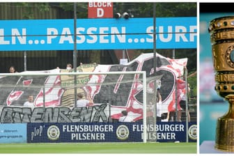 Fans von Teutonia Ottensen zeigen eine Choreografie (Fotomontage): Der Hamburger Regionalligist trifft im DFB-Pokal auf Titelverteidiger RB Leipzig.