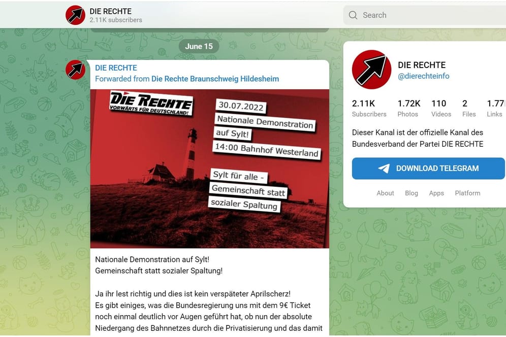 Ankündigung bei Telegram: Die Neonazi-Partei will nach Westerland.