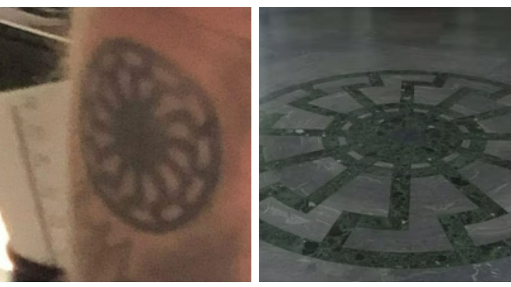 Das Tattoo auf dem Arm des Bahn-Mitarbeiters (links) und das Ornament der „Schwarzen Sonne“. Die SS brachte es in der Wewelsburg an.