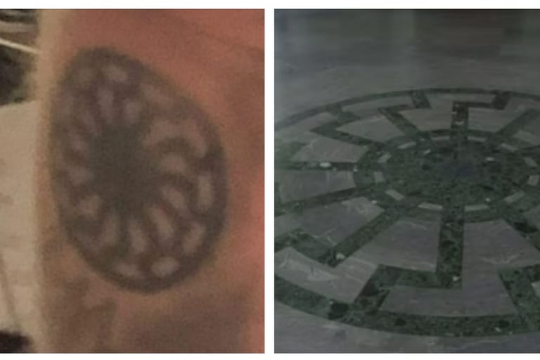 Das Tattoo auf dem Arm des Bahn-Mitarbeiters (links) und das Ornament der „Schwarzen Sonne“. Die SS brachte es in der Wewelsburg an.