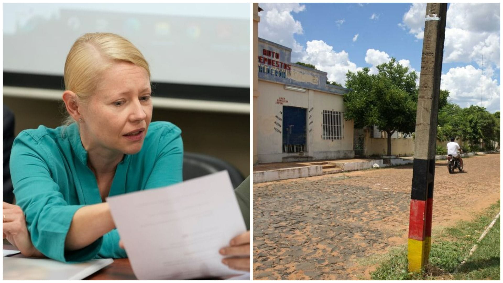 Anne Maja R.-E. und die deutsche Flagge an einem Mast am Rande einer Straße der Siedlung Nueva Germania in Paraguay (Montage): Die von Impfgegnern entführten Kinder sind zurück in Deutschland.