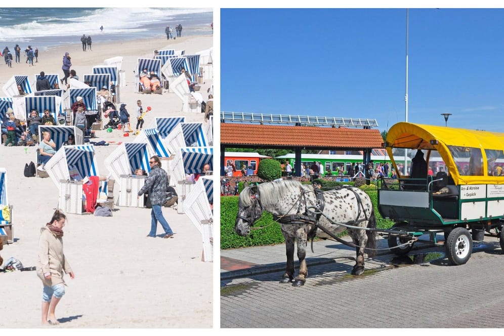 Der Strand in Kampen und eine typische Pferdekutsche mit Gepäckanhänger am Bahnhof von Langeoog: Was die Übernachtungspreise angeht, ist Sylt in diesem Jahr nicht Spitzenreiter.