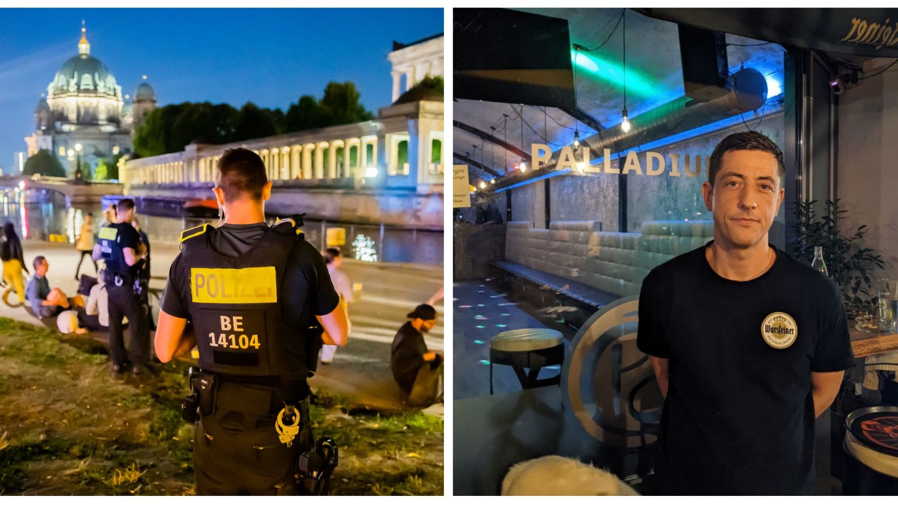 Ein Polizist im James-Simon-Park und Betriebsleiter des Palladium, Charlie (Montage): Der Gastronom hat Sicherheitspersonal für seine Bar nahe der Grünanlage angestellt. Ein Polizist im James-Simon-Park und Betriebsleiter des Palladium, Charlie (Montage): Der Gastronom hat Sicherheitspersonal für seine Bar nahe der Grünanlage angestellt.